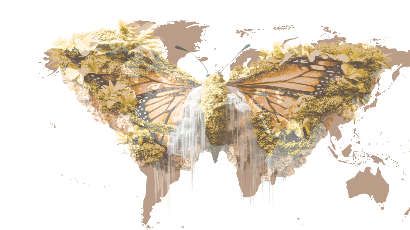 Butterfly formed from foliage and waterfalls overlaid on a world map